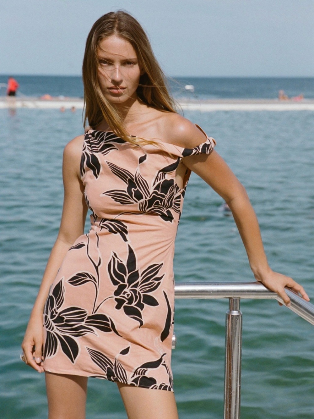 Zara Peach One-Shoulder Mini Dress with Black Floral Print